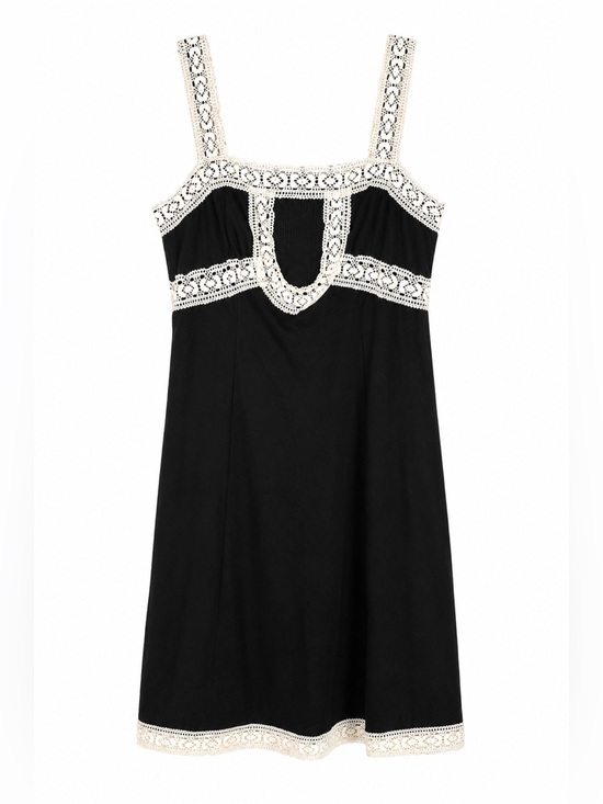 LOFT Dresses & Skirts - Ann Taylor LOFT Black Linen Crochet Lace Trim Mini Dress Size 4 Cottagecore